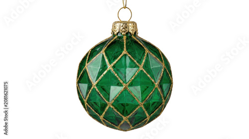 Emerald green faceted glass holiday ornament with gold netting detail hanging during festive celebrations Isolated on transparent background