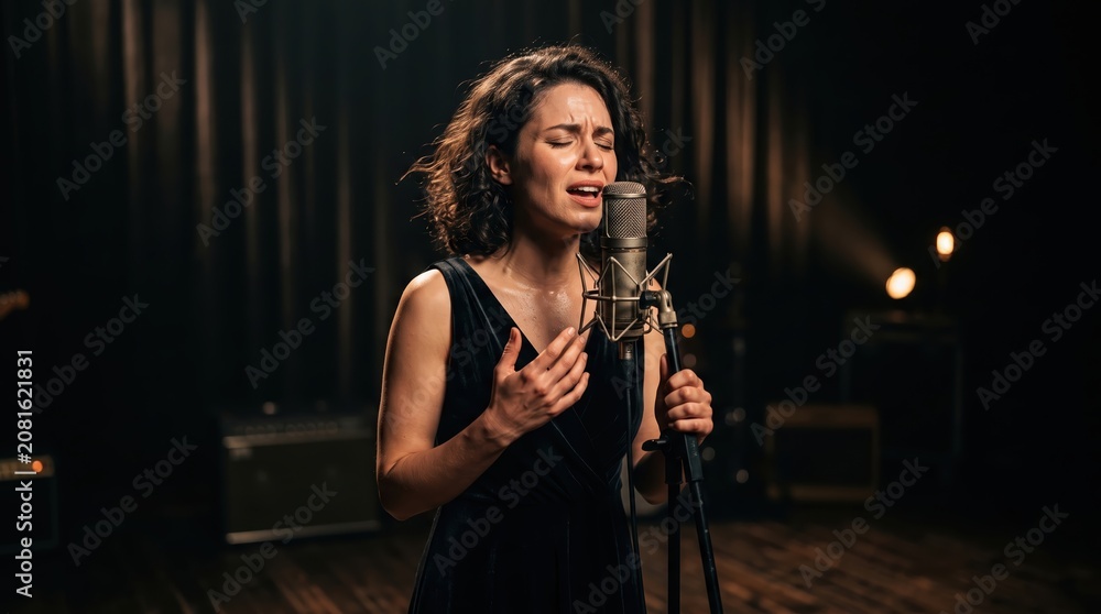 Obraz premium Emotional woman singing into professional microphone on dark stage