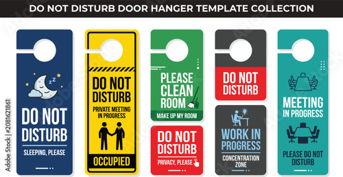 Various hotel door hangers with 'Do Not Disturb' and 'Occupied' messages against a white background