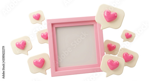 3D render of a pink social media notification frame surrounded by floating heart icons with floating