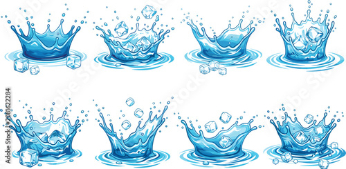 Dynamic water splash illustrations with ice cubes highlighting fluid motion, refreshing beverage design, and transparent liquid effects