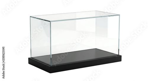 Empty rectangular glass display case with black base showcase exhibition protection transparent background
