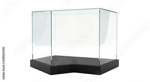 Empty rectangular glass display case with black base showcase exhibition protection transparent background