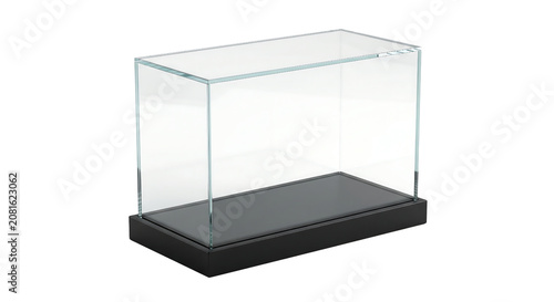 Empty rectangular glass display case with black base showcase exhibition protection transparent background
