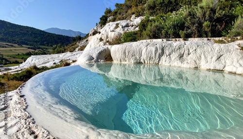Tropical turquoise swimming pool in limestone quarry setting.