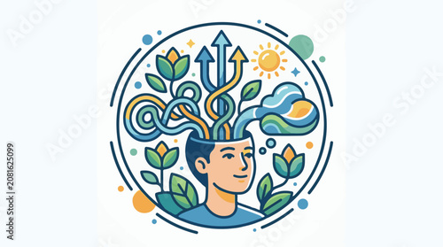 A colorful illustration of a man's head with plants and arrows growing out of it