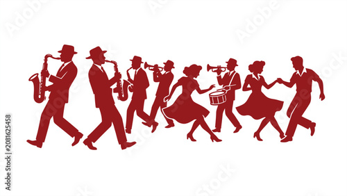 Photography Red silhouette illustration of vintage jazz band and swing dancers isolated on white background