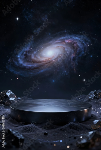 Dark obsidian crystal podium with cosmic galaxy star dust, deep space nebula product display mockup