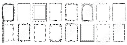  Doodle coastal frame set, hand drawn colorful border collection. Minimal hand drawn square arch and rectangle shapes kit. Elegant retro empty banner, poster, placard, postal stamp. Doodle frame decor