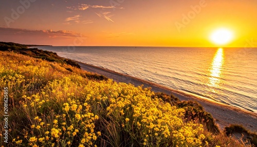 Golden wheat field under setting sun with train tracks.
