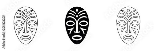 Fotografi Tribal mask icons in outline, solid black, and hand-drawn styles