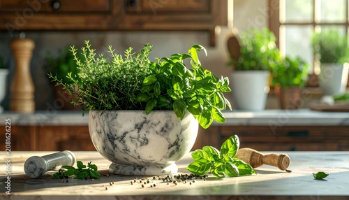 Fluffy white cat sitting on wooden windowsill with fresh green herbs.