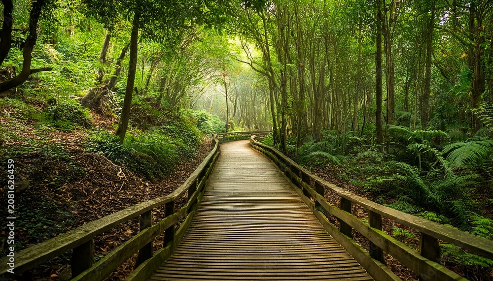 Obraz premium A Wooden Walkway Through A Leafy Green Forest Chine