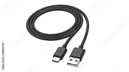Black usb type c charging cable for mobile devices isolated on transparent background