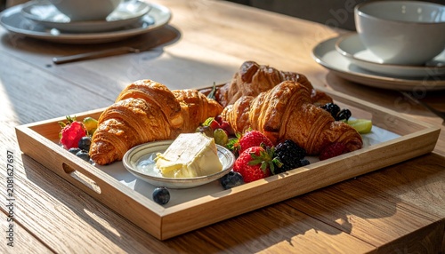 Delicious breakfast sandwich with fried egg and bacon on wooden tray.