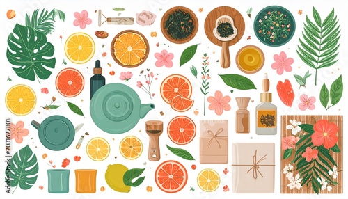 Colorful flat lay of fresh fruits vegetables and herbs on wooden surface.
