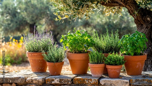 Terracotta pots with green succulents outdoors in garden.
