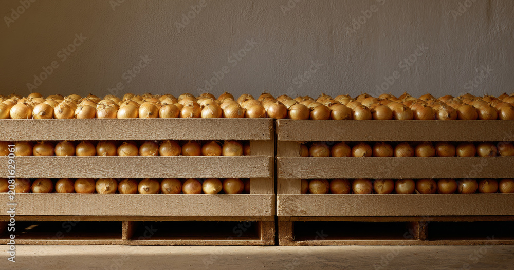 Naklejka premium Large stacks of onions in storage crates