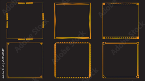 Collection of decorative golden square frames on dark background with decorative