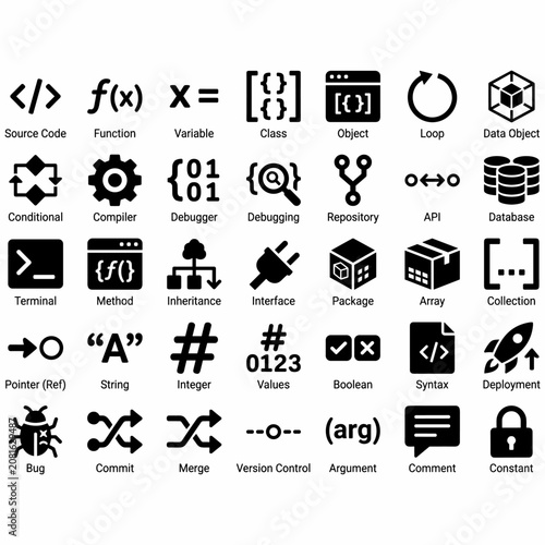 Fotografía Comprehensive set of programming and software development icons, illustrating various concepts like source code, functions, debugging, data structures, and version control