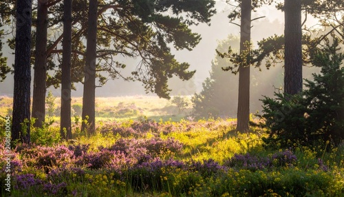 Golden hour sunlight filtering through dense pine forest with wildflowers.