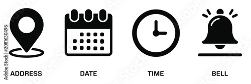 Place time date and notification line icons, calendar address location pointer alarm bell, business schedule office clock reminder, vector illustration