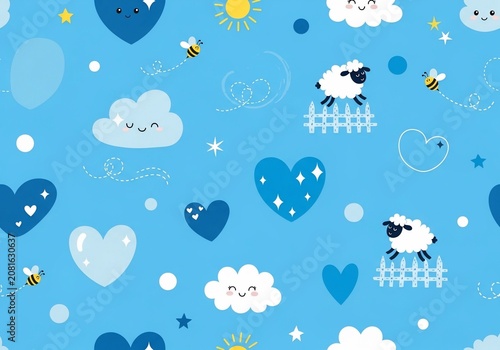 Dreamy blue sky, where fluffy clouds and happy sheep dance with busy bees.