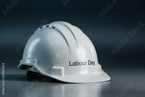 Striking three dimensional metallic silver text spelling Labour Day against a dynamic backdrop of abstract flowing industrial steel metal waves with visible rivets and intricate patterns
