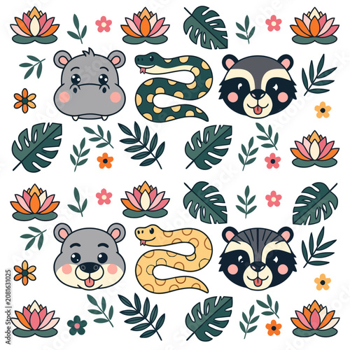 Cute Cartoon Animals and Tropical Plants