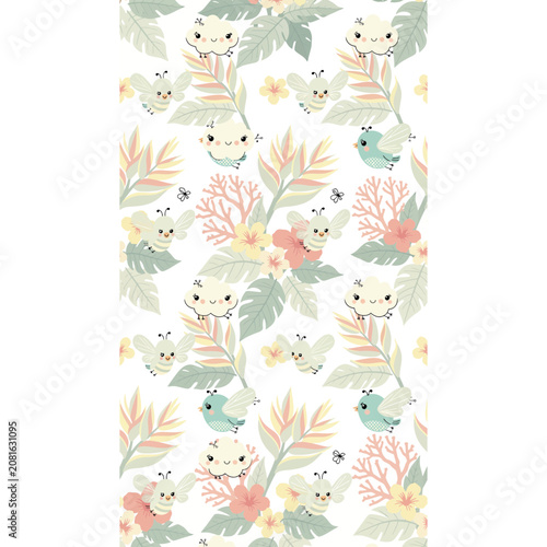 Cute cartoon bees, birds, and clouds with tropical leaves