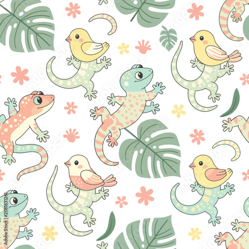 Cute Geckos and Birds Pattern