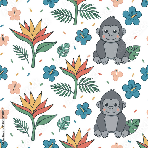 Cute Gorilla and Tropical Flowers Seamless Pattern
