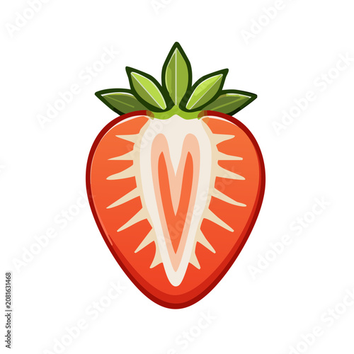 Flat illustration of a sliced strawberry with leaves