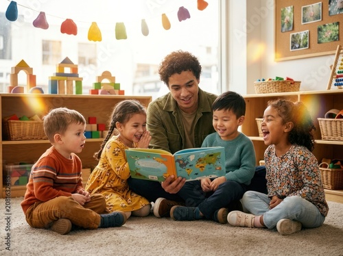 Male teacher reading a picture book to toddlers during story time in preschool