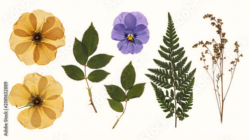Assorted pressed dried flowers and green leaves featuring yellow blossoms, a purple pansy, a fern frond, and thin wild twigs on white background