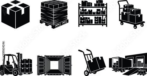 Warehouse logistics silhouette icons featuring boxes, pallets, forklifts, shipping containers, and transportation equipment for supply chain design