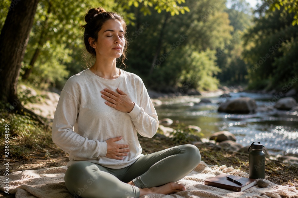 Fototapeta premium Calm Person Practicing Mindfulness and Deep Breathing for Anxiety Relief at Home