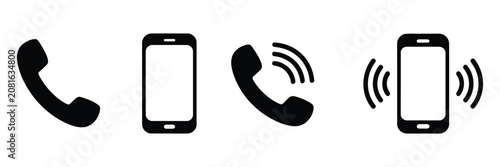 Ringing phone icon set, call notification symbol, incoming call alert, vector illustration