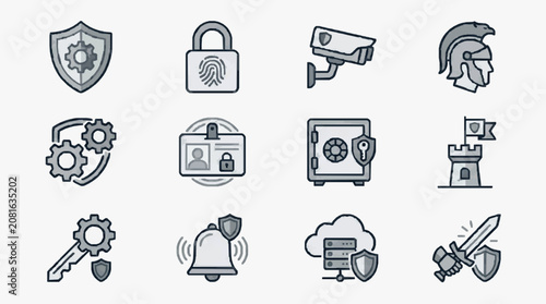 Industrial Minimalist Line Icons Set Featuring Security Technology and Defense Elements in Monochromatic Gray