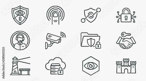 Creative Black and White Line Icons Set Featuring Cybersecurity Surveillance and Data Protection Concepts
