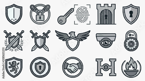 Modern Minimalist Gray Scale Icons Set Featuring Shields Keys Locks Eagles Swords Surveillance Fire and Symbols for Security Protection and Authority