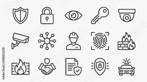 Dynamic Set of Monochromatic Line Icons Representing Security Surveillance and Safety Concepts with high quality professional line art symbols for modern creative design and digital branding projects