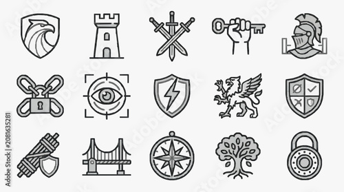 Minimalist Black and White Line Icons Set of Medieval Fantasy and Modern Symbols for Digital Design