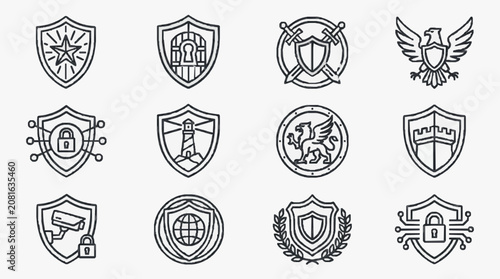 Industrial Minimalist Line Art Shields Collection Featuring Security Surveillance and Symbolic Icons in Black and White
