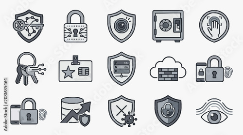 Sleek Monochrome Icons Set Featuring Cybersecurity Data Protection and Digital Security Concepts