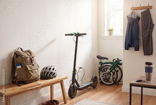Electric Scooter and Folding Bike in Modern Entryway