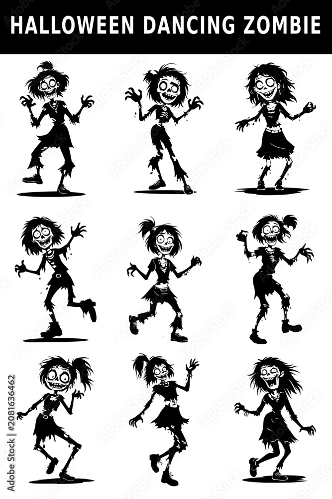 Obraz premium Halloween Dancing Zombie Vector Collection with Nine Funny Undead Characters in Playful Dance Poses Isolated on Clean White Background for Halloween Crafts and Digital Designs