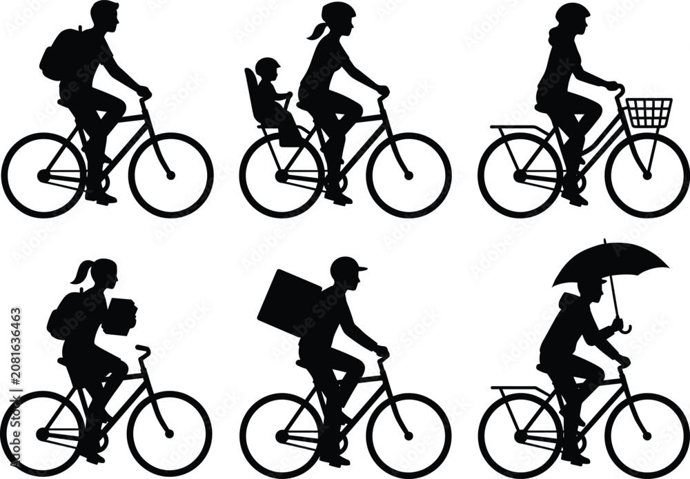Obraz premium Cycling Lifestyle Silhouette Set with Commuter Delivery Family and Urban Bicycle Riders
