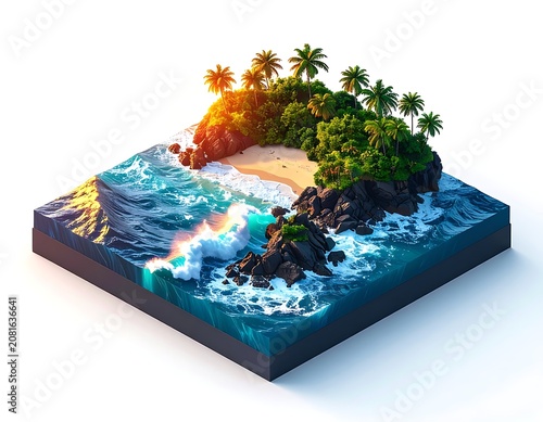 A 3D rendering of a tropical island with palm trees and rocky shores