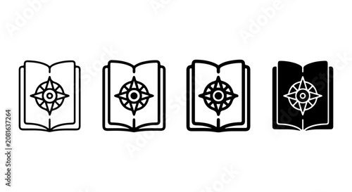 Open Book Icons with Compass Rose, Navigation and Knowledge Symbols, Vector Set